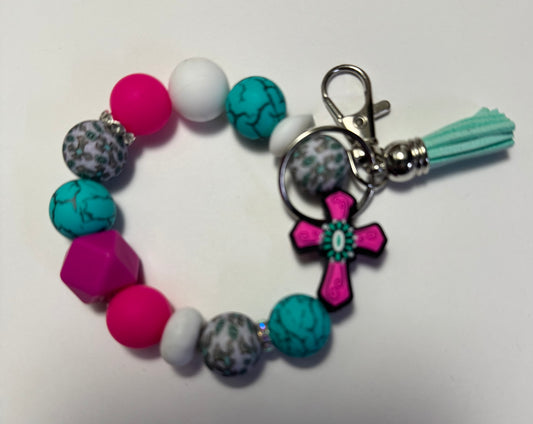 Pink & Turquoise Cross Wristlet Keychain