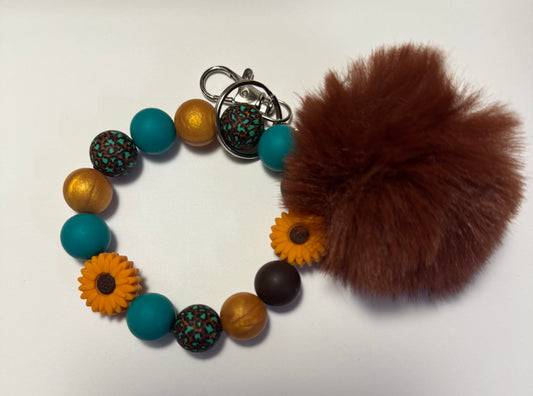 Sunflower & Teal Beaded Wristlet Keychain