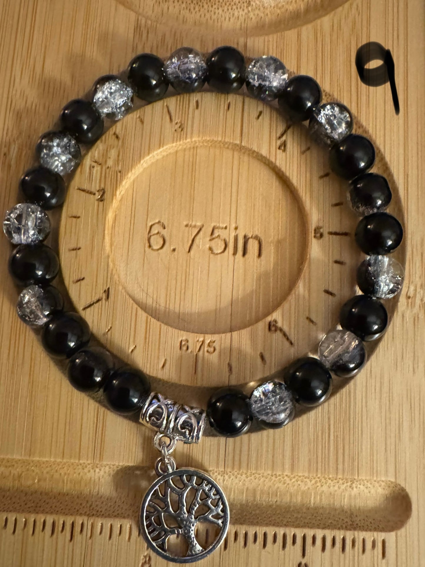 Elegant Silver & Black Glass Bead Bracelet with Tree of Life Charm