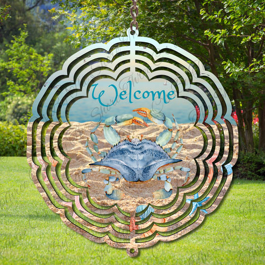 3D 10” Welcome Wind Spinner – Crab & Beach Vibes | Coastal Garden Décor