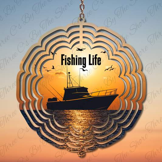 10” 3D Fishing Boat Wind Spinner – Sunset Scene with Seagulls – Outdoor Garden or Porch Decor
