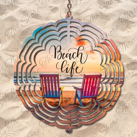 10” 3D Wind Spinner – “Life’s a Beach” with Chairs, Ocean & Sunset Skies – Coastal Outdoor Decor