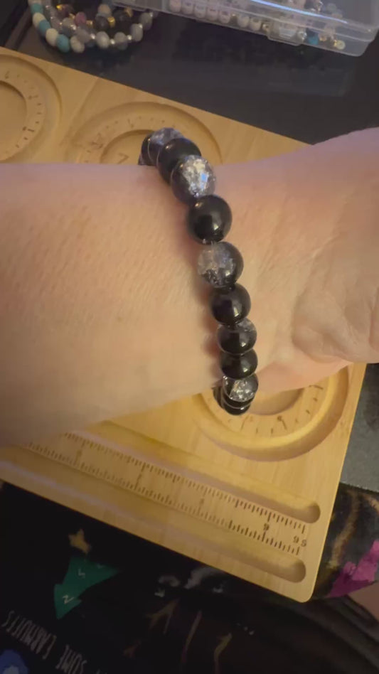 Elegant Silver & Black Glass Bead Bracelet with Tree of Life Charm