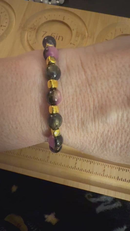Purple & Black Glass Bead Bracelet with Gold Accents