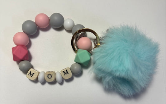 MOM Beaded Wristlet Keychain with Pom-Pom