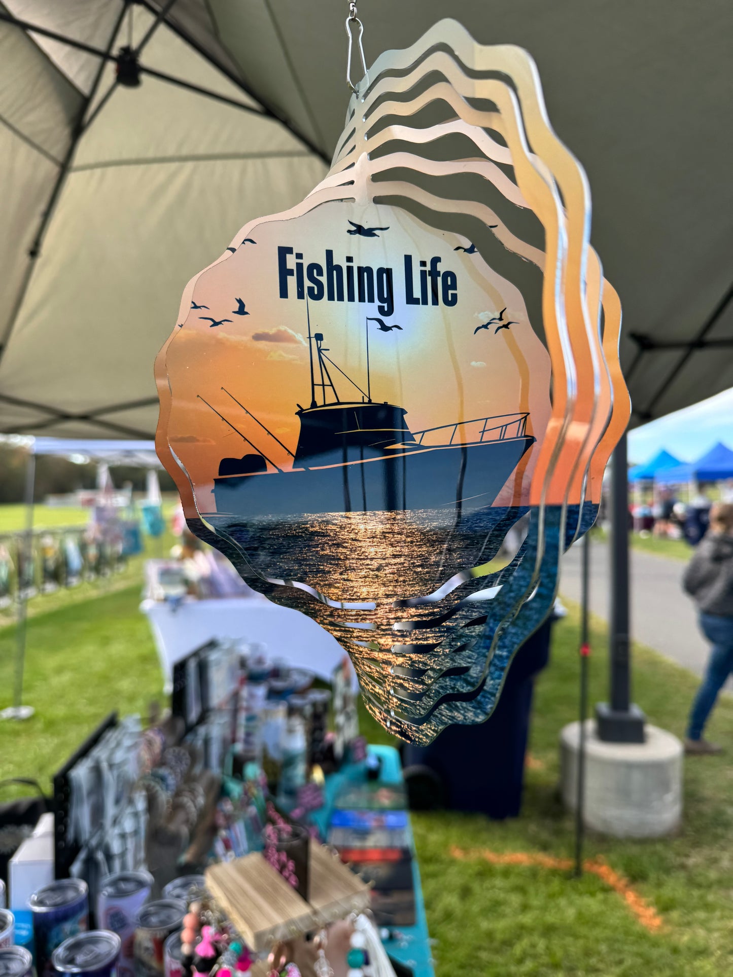 10” 3D Fishing Boat Wind Spinner – Sunset Scene with Seagulls – Outdoor Garden or Porch Decor